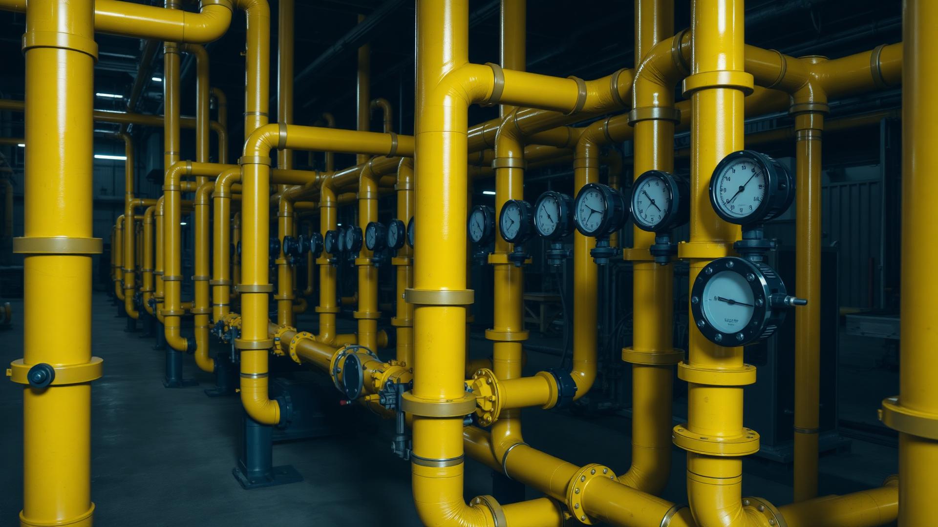 Industrial gas manifold station with yellow piping and pressure gauges